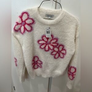 Hooked Up by IOT Cream Sweater with Pink Floral Accents